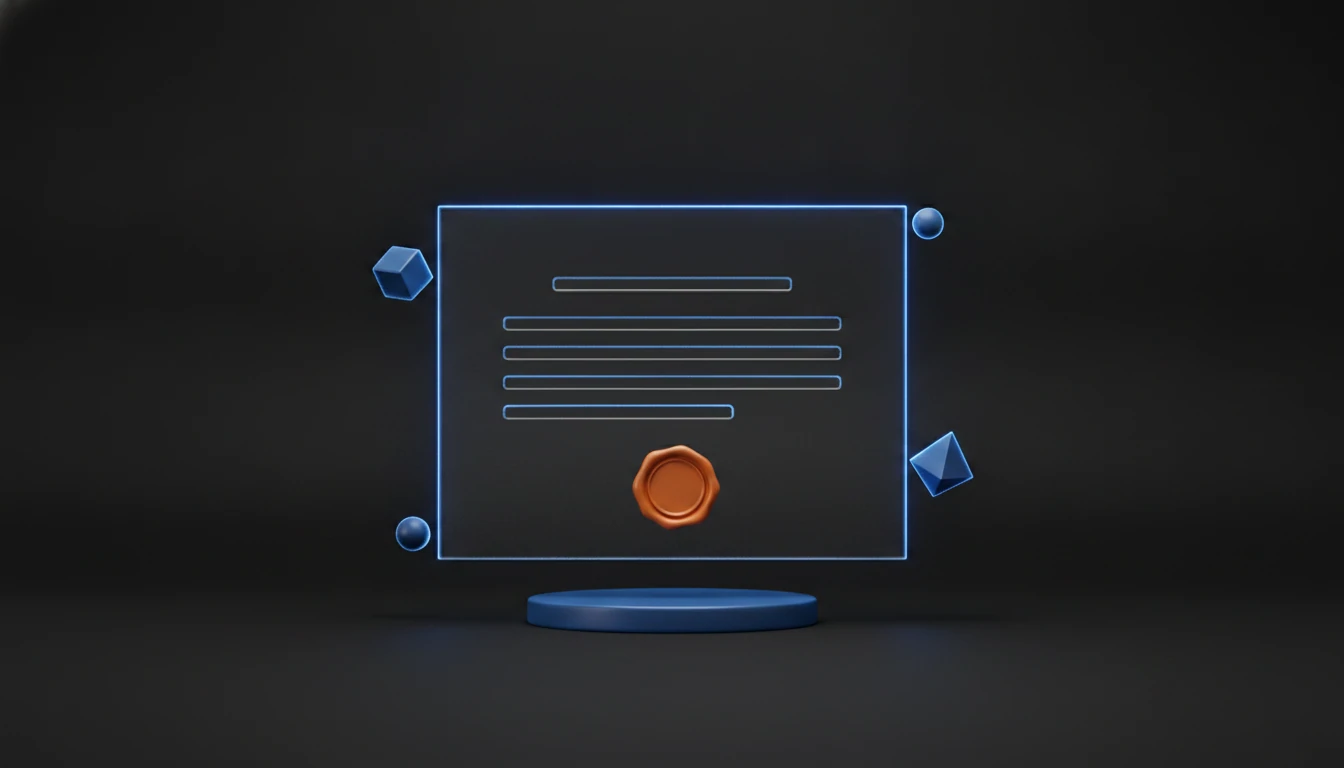 3D render of a frosted glass certificate with an orange wax seal floating above a blue podium, surrounded by small blue geometric shapes