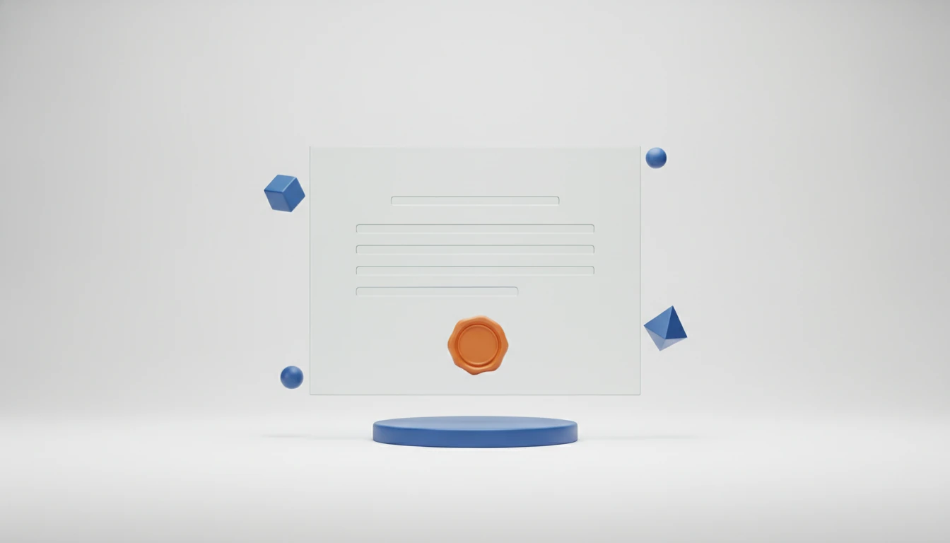 3D render of a frosted glass certificate with an orange wax seal floating above a blue podium, surrounded by small blue geometric shapes