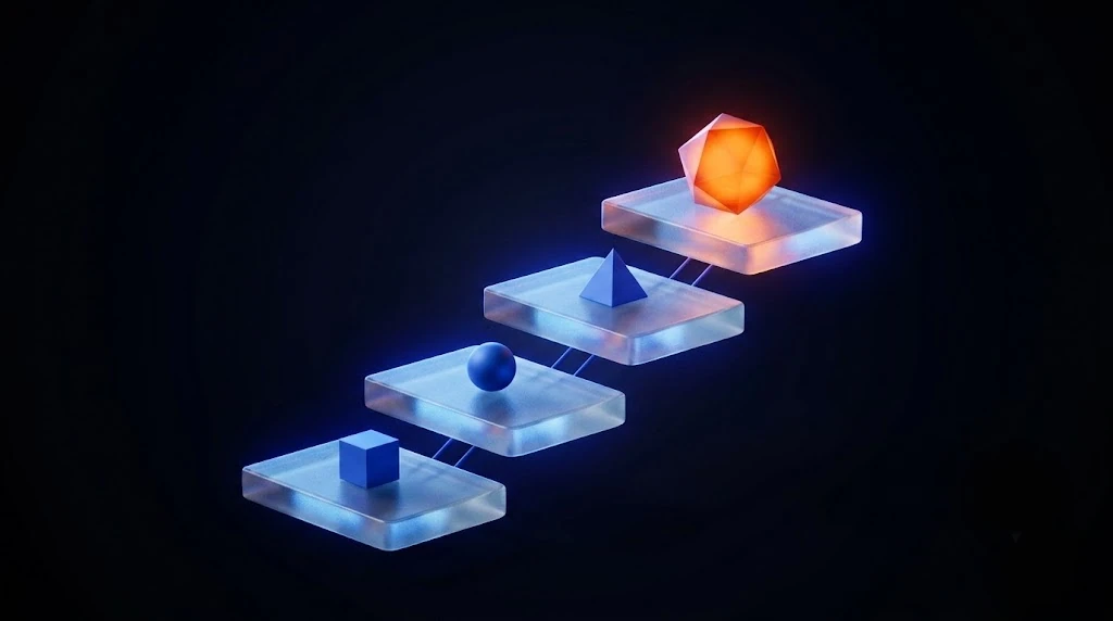 3D render of a rising path of frosted glass steps carrying blue geometric shapes, with a glowing orange gem on the top step