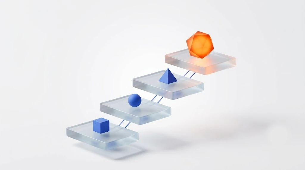 3D render of a rising path of frosted glass steps carrying blue geometric shapes, with a glowing orange gem on the top step