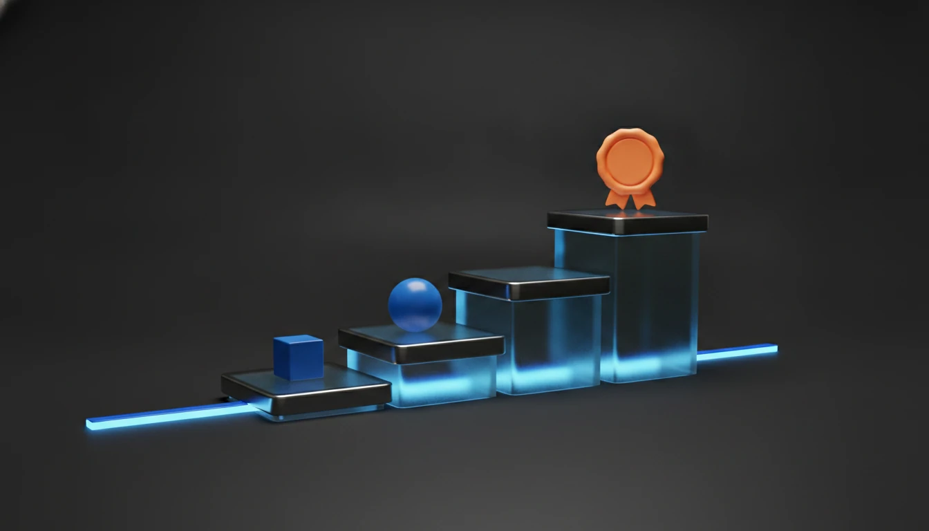 3D render of three frosted glass podium steps on a glowing blue path, with a blue cube, a blue sphere, and an orange certificate rosette on the highest step