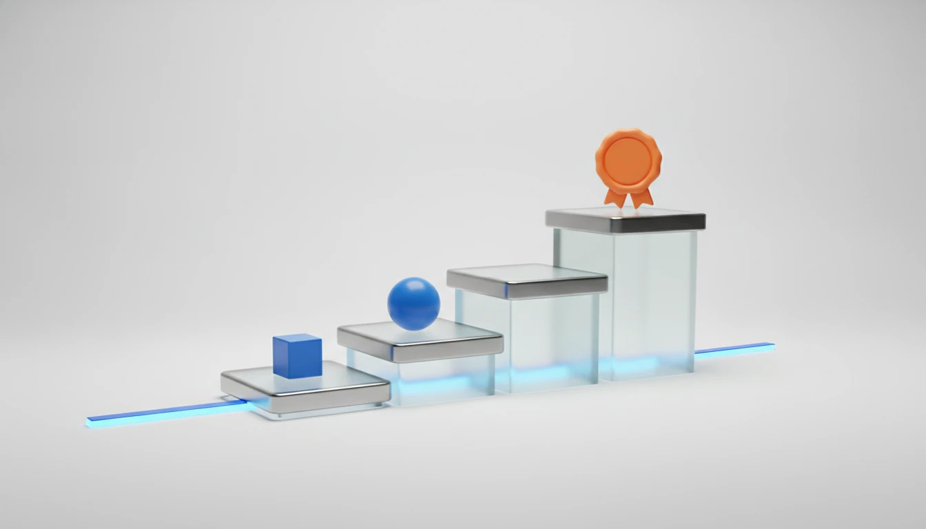 3D render of three frosted glass podium steps on a glowing blue path, with a blue cube, a blue sphere, and an orange certificate rosette on the highest step